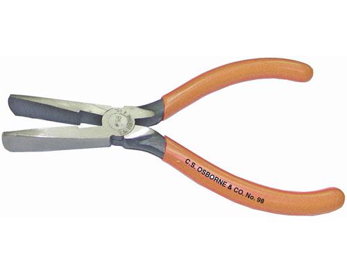 Duck bill pliers with serrated jaw for pulling cloth, leather, vinyl and webbing