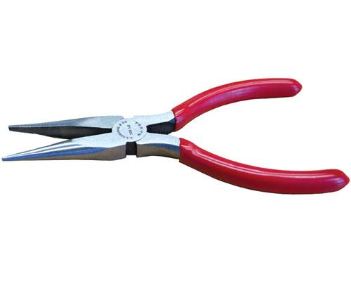 Needle nose stretching pliers with serrated jaw for pulling cloth, leather, vinyl and webbing
